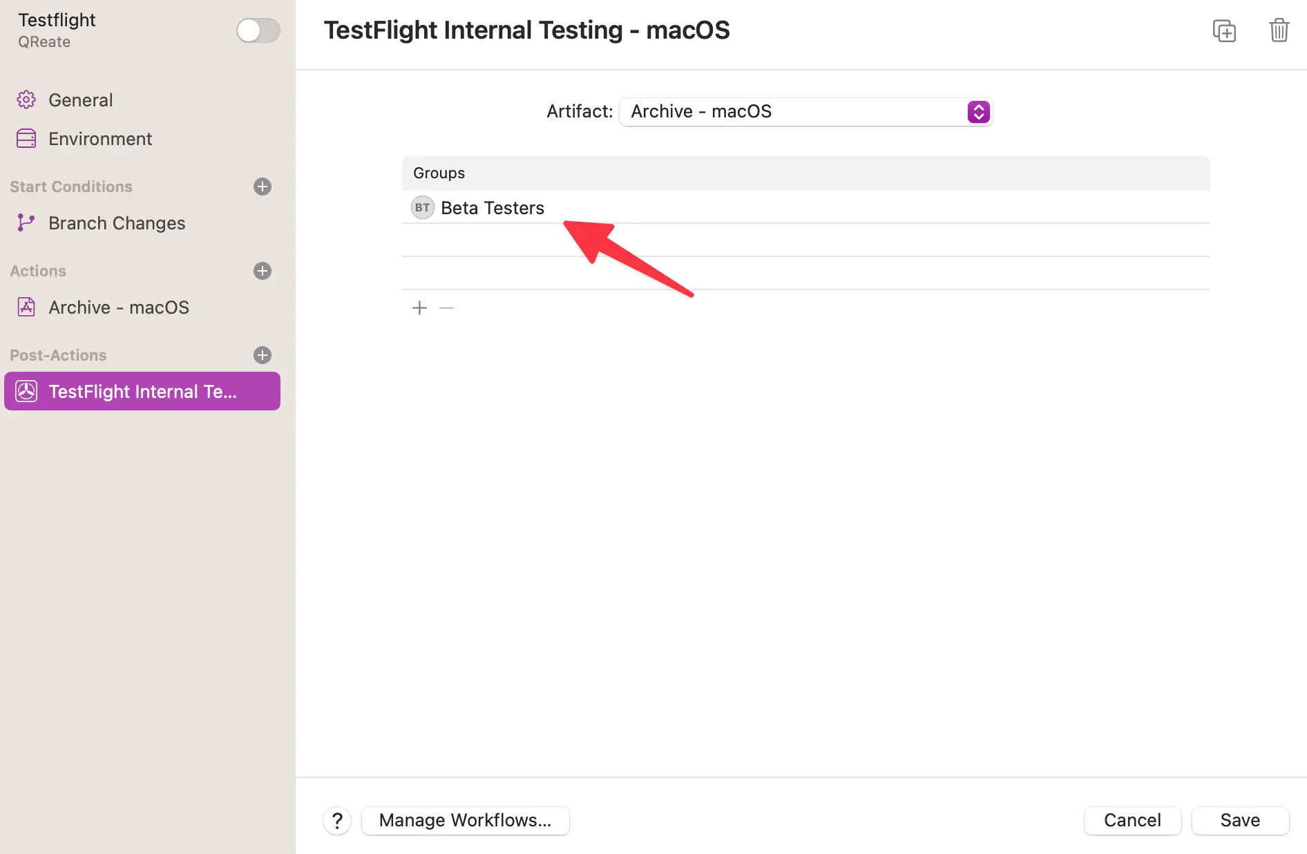 A post-action step to deliver the app to TestFlight and all internal testers